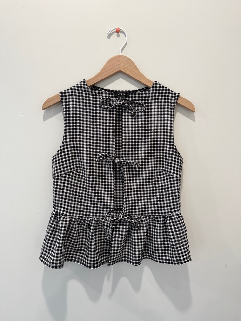 Boohoo Black and White Gingham Peplum Tie-Back Top